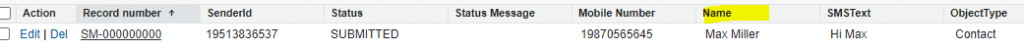 Name field blank sms history object
