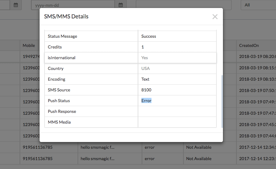 SMS Error details
