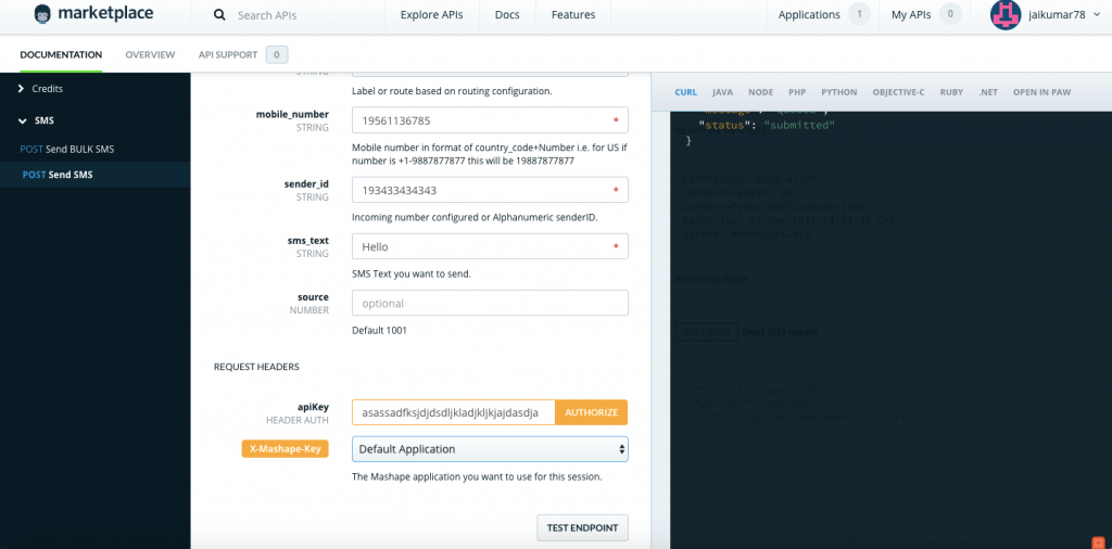 Sending Test SMS from API
