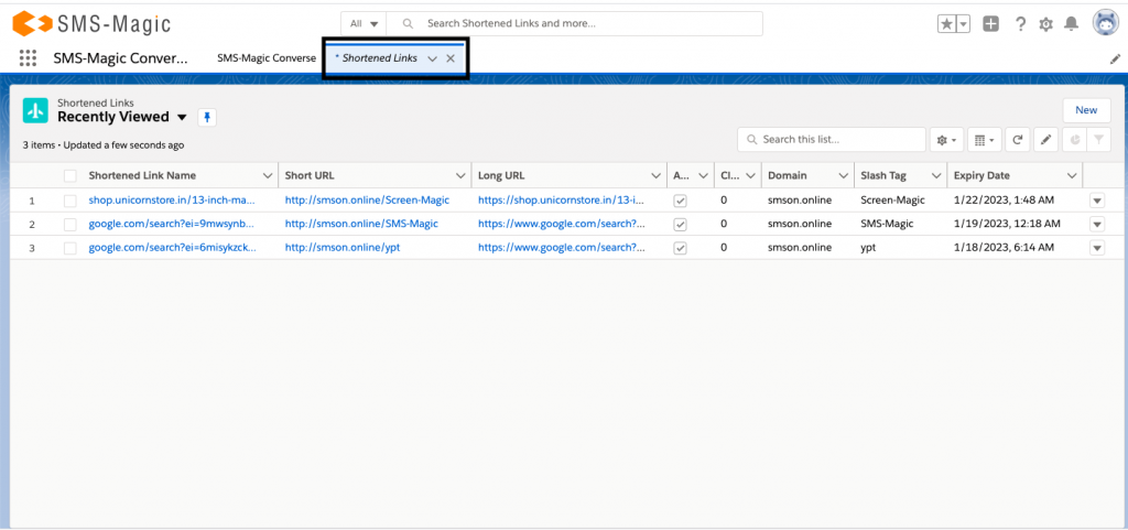 Shortened links tab