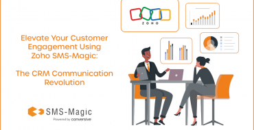 Professionals discussing data-driven customer engagement strategies on Zoho CRM SMS-Magic for enhancement, showcasing the partnership between conversive and Zoho with analytical graphs in the background.