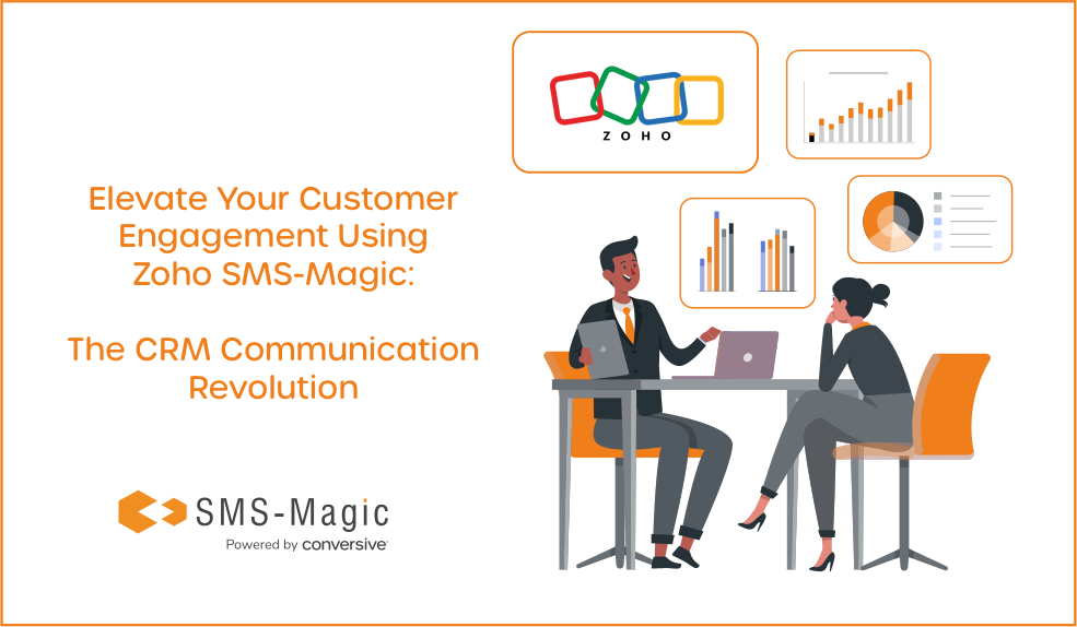 Professionals discussing data-driven customer engagement strategies on Zoho CRM SMS-Magic for enhancement, showcasing the partnership between conversive and Zoho with analytical graphs in the background.